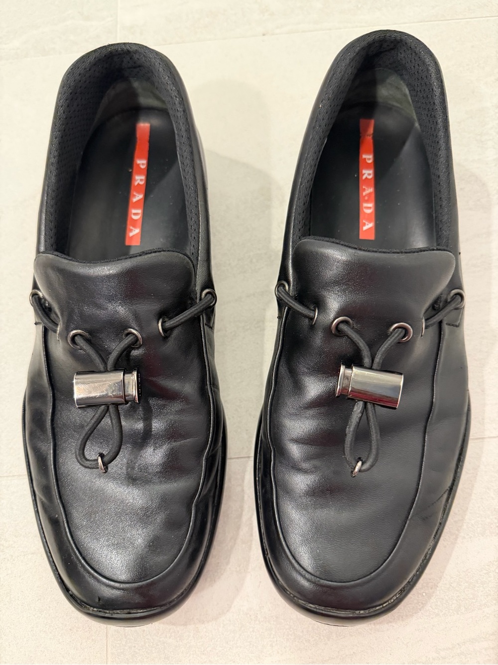 RARE Prada Sport Black Leather Loafers with Metal Toggle